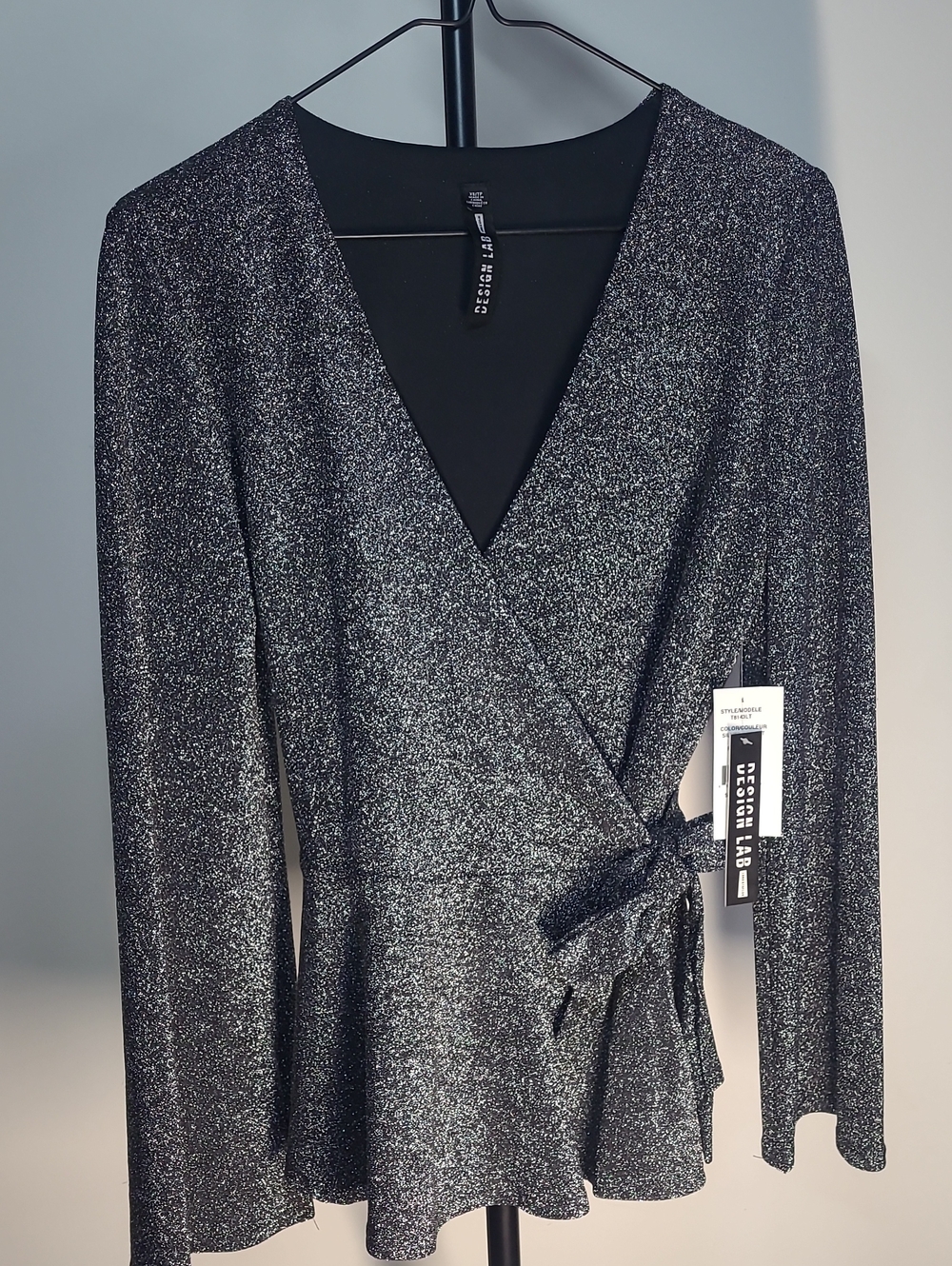 NWT Design Lab Lord & Taylor Silver-Threaded Sparkly Black Wrap Peplum Top
